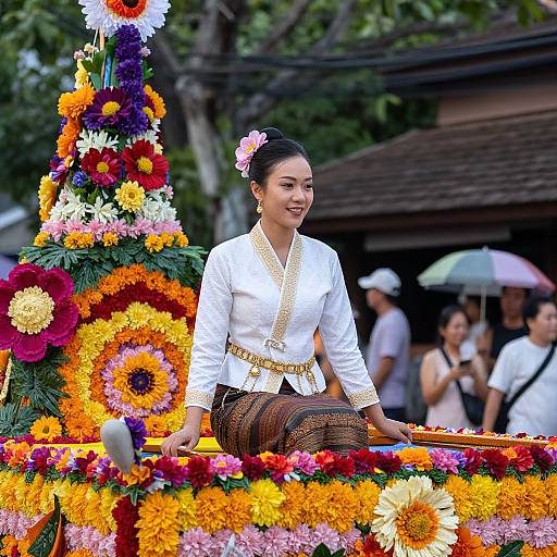 Photograph of a smiling Asian woman in traditional white and gold Thai dress, sitting on a colorful floral float, surrounded by vibrant flowers and spectators in the