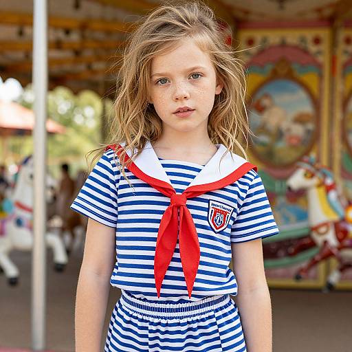 Photograph of a young girl with wavy blonde hair, wearing a blue and white striped sailor dress with a red necktie, standing in front of