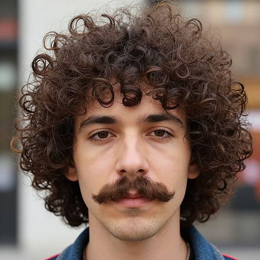 Photograph of a young man with curly brown hair, dark mustache, light skin, brown eyes, wearing a blue jacket, standing against a blurred