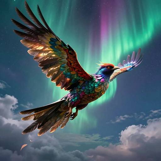 Mythical Feathered Creature in Aurora Sky