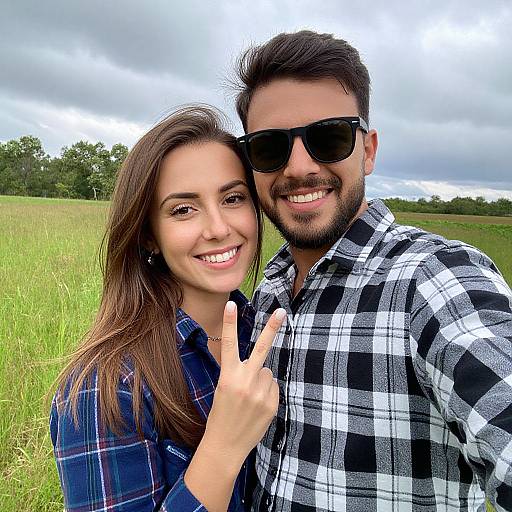 Photograph of smiling couple in plaid shirts, woman with long brown hair, man with dark hair and beard, wearing sunglasses, flashing peace sign,