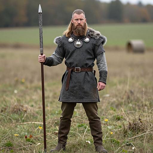 Photograph of a Viking warrior with long beard, black fur-trimmed tunic, holding a spear, standing in a grassy field.