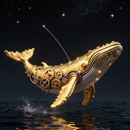 Digital illustration of a glowing, golden, gear-filled whale with an antenna, swimming in a starry night ocean. Reflective water below.