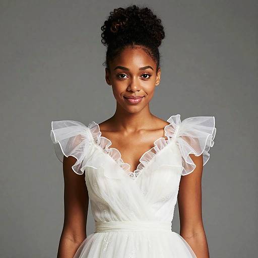 Photograph of a smiling Black woman with curly hair in a bun, wearing a white, ruffled, V-neck dress against a gray background.