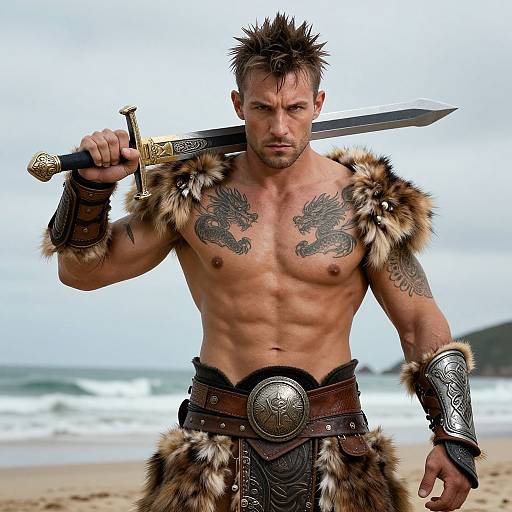 Muscular, tattooed man with spiked hair, wearing fur armor and holding a sword, stands on a beach with ocean waves. Photorealistic image