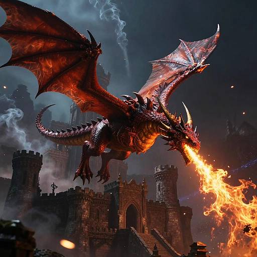 Digital artwork of a fierce, red-scaled dragon with glowing eyes and fiery breath, soaring over a dark, burning castle.
