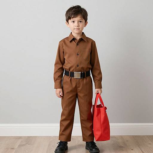 Photograph of a young boy with short brown hair, wearing a brown long-sleeve shirt and pants with a black belt, holding a red bag