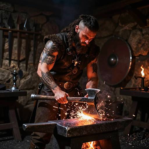 Photograph of a muscular bearded blacksmith with tattoos, in dark armor, striking a glowing axe on an anvil, sparks flying, in a