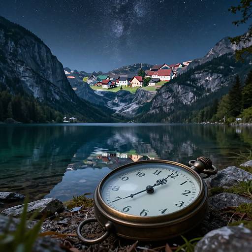 Photograph of a vintage clock beside a serene mountain lake at night, reflecting starry sky and colorful village houses.