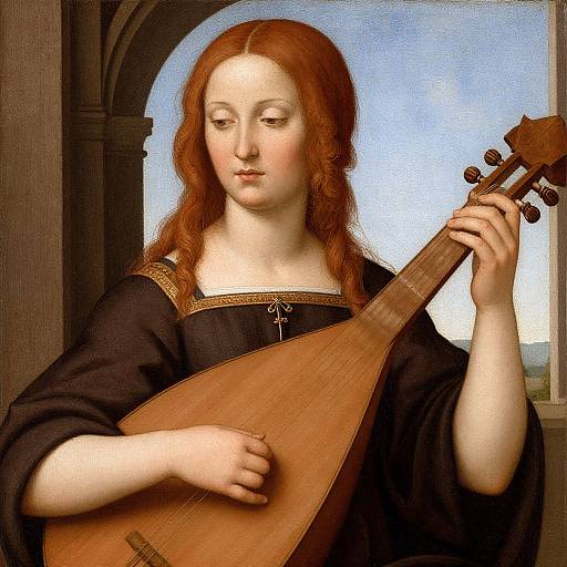 Renaissance painting of a fair-skinned woman with red hair playing a lute, wearing a black dress with gold trim, against an arched