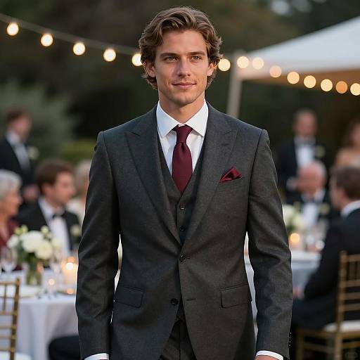Man in Dark Gray Suit at Outdoor Evening Event