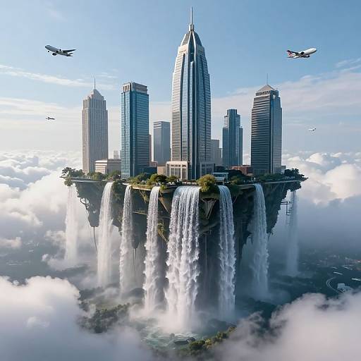 Photorealistic CGI of a futuristic city with towering skyscrapers, cascading waterfalls from floating islands, surrounded by flying airplanes and fluffy clouds.