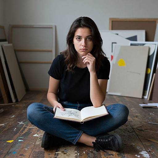 Photograph of a young woman with long dark hair, wearing a black t-shirt and blue jeans, sitting cross-legged on a cluttered wooden floor,