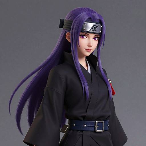 Digital anime-style portrait of a purple-haired female ninja with a headband, black outfit, and belt, against a gray background.