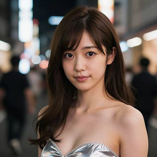 Photograph of an East Asian woman with long dark brown hair, wearing a silver strapless dress, standing in a blurred, brightly lit urban night scene