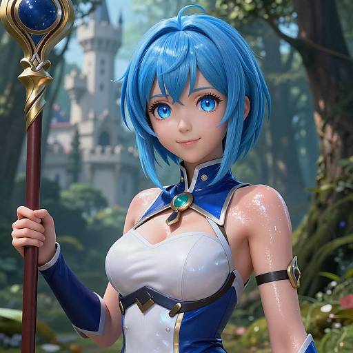Digital artwork of a blue-haired, blue-eyed anime girl with shiny skin, holding a staff, wearing a blue and white fantasy outfit, in a lush
