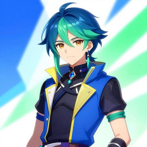 Digital anime-style drawing of a young man with teal and blue hair, brown eyes, wearing a blue and yellow jacket over a black shirt, against a