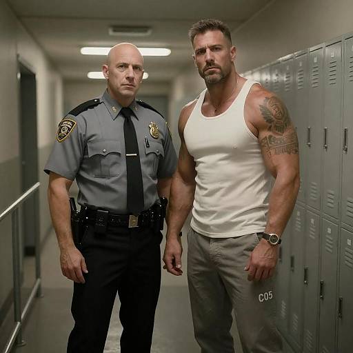 Dimly Lit Hallway: Officer and Inmate