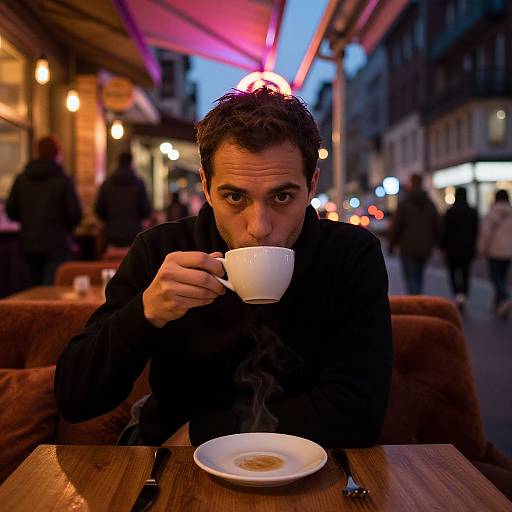 Photograph of a man with short dark hair, wearing a black shirt, sipping a white coffee cup at an outdoor café at dusk, with colorful