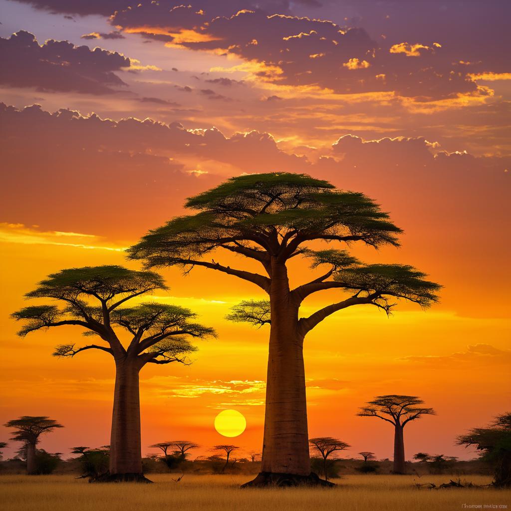 Vibrant Sunset Over Baobab Trees