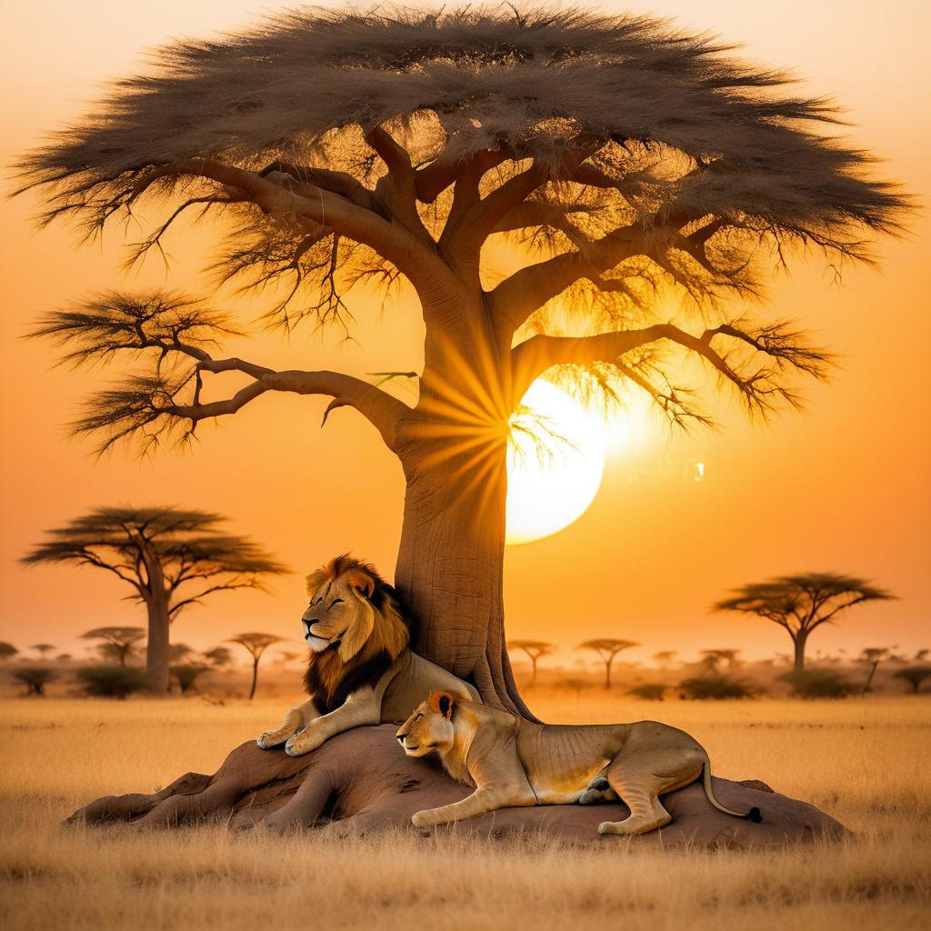 Majestic Lion Under Baobab at Sunset