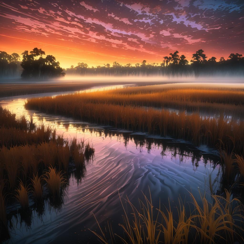 Surreal Twilight Bog with Flowing River