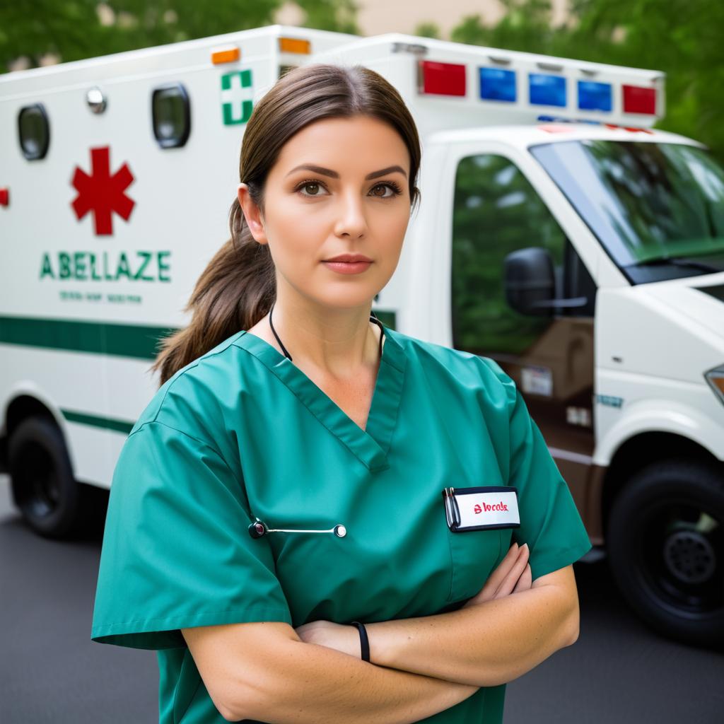 Nurse in Oversized Scrubs by Ambulance