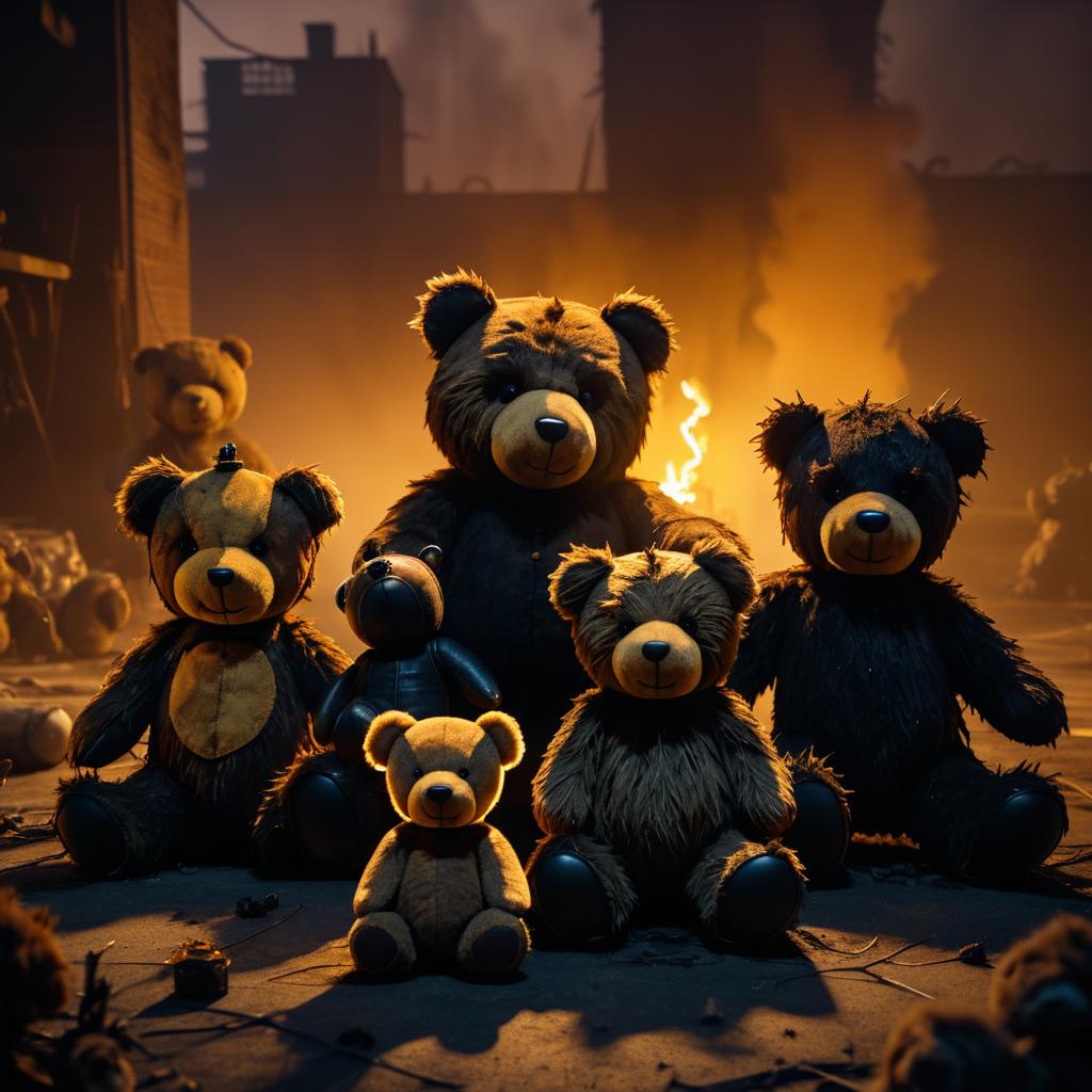 Sinister Creatures Surrounding Charred Teddy Bear