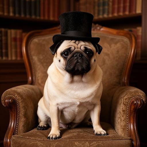 Photograph of a pug sitting on a brown, vintage armchair wearing a black top hat, with a library background.