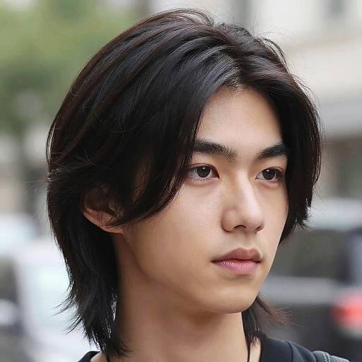 Photograph of an Asian male with straight, medium-length black hair, light skin, and neutral expression, slightly blurred city background.