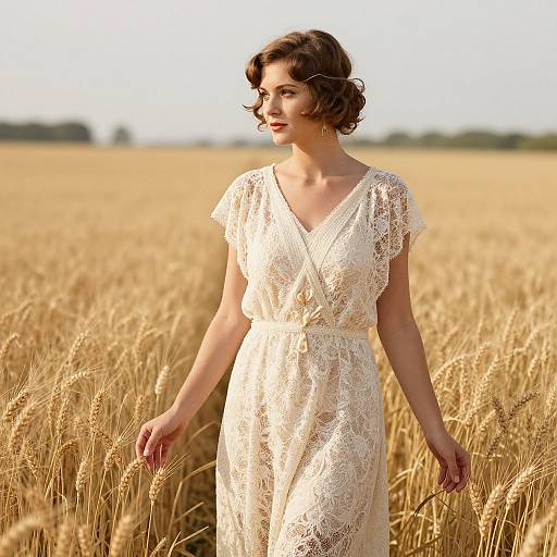 Photograph of a beautiful woman with short, wavy brown hair in a white lace dress standing in a golden wheat field.