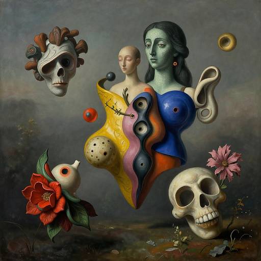 Surreal digital art featuring a blue-green woman, skull masks, a floating eyeball, colorful abstract dress, red flower, and skull with pink