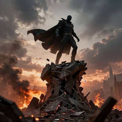 Photograph-style digital art: Silhouetted superhero stands heroically on rubble, cape flowing, amidst fiery explosion and dramatic, cloudy sunset sky.