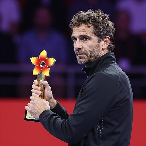 Focused Man with Award in Vibrant Lights
