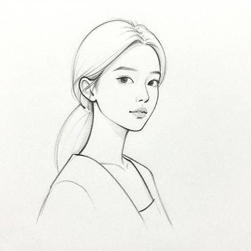 Black and white line drawing of a young woman with a ponytail, slight smile, and delicate features, wearing a simple top.