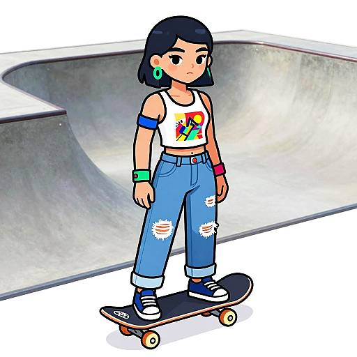Digital drawing of a young girl with black hair, wearing a colorful rainbow tank top, ripped blue jeans, and green earrings, standing on a skateboard in