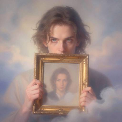 Photorealistic digital art: Man with wavy brown hair holds framed portrait of himself, glowing ethereal background, golden frame, intense gaze.