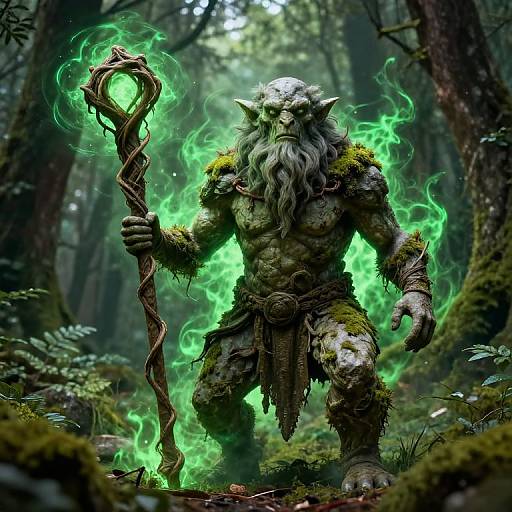 Digital fantasy artwork of a muscular, green-skinned, bearded orc with glowing green flames, holding a twisted staff, standing in a dark, mystical