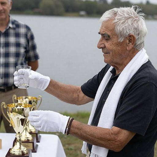 Elderly Man Holding Glass Near Trophies by Lake