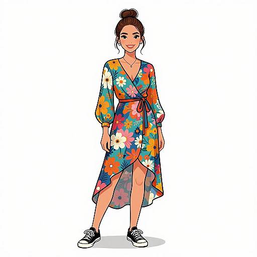 Smiling Woman in Boho Floral Dress