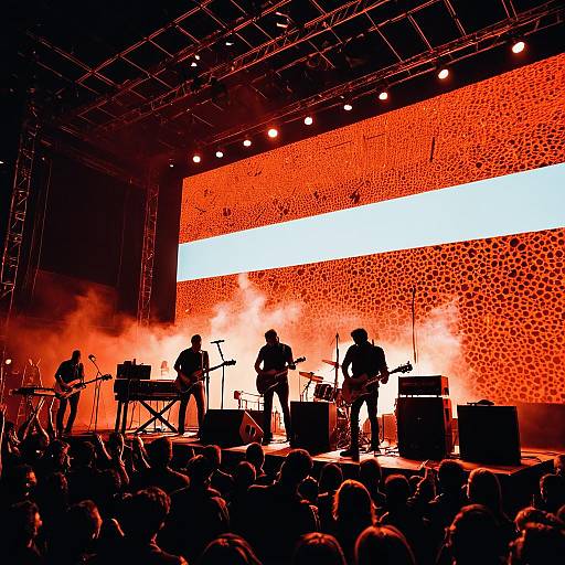 Silhouetted Band Performing Live on Stage with Red LED Screens