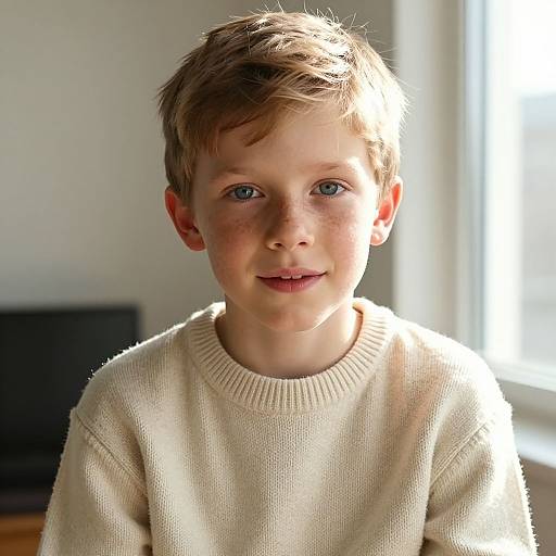 Photograph of a young boy with light brown hair, blue eyes, and fair skin, wearing a beige knit sweater, sitting in a sunlit room