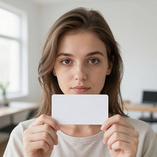 Photograph of a young woman with long brown hair, light skin, and brown eyes, holding a blank white card in front of her mouth in a
