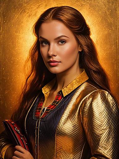 Stylish Woman in Plaid Shirt and Gold Jacket