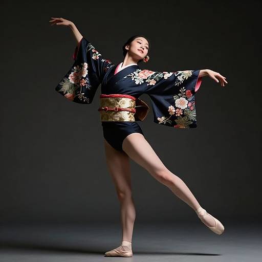 Photograph of a female ballet dancer in a black floral kimono, red obi, and white ballet shoes, gracefully posing against a dark background.