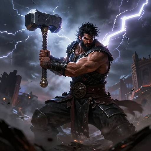 Muscular, bearded warrior with black spiky hair wields a massive hammer, surrounded by lightning in a dark, ruined cityscape. Digital art