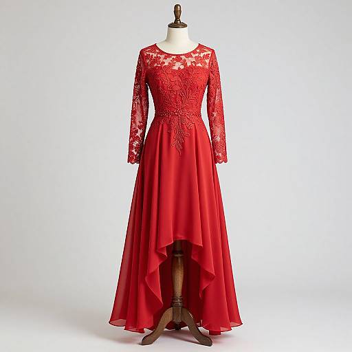Photograph of a red lace long-sleeve gown with floral pattern, flowing floor-length skirt, displayed on a mannequin against a plain white