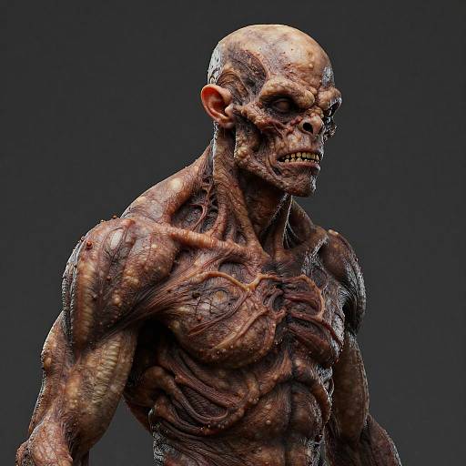 CGI image of a muscular, bald, zombie-like creature with exposed, decaying muscles, veins, and a twisted face against a dark background.
