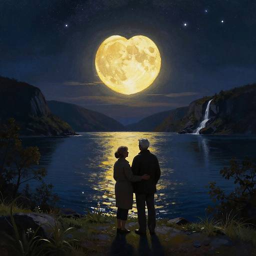Silhouetted couple stands by a moonlit lake, gazing at a large, bright full moon; a waterfall cascades in the background.