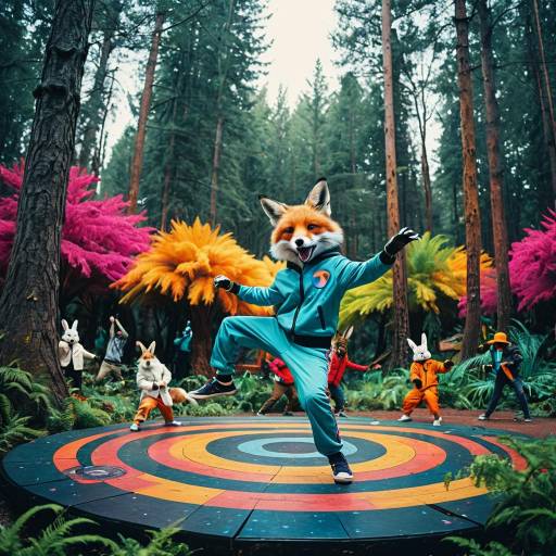 Fox Breakdancing in Colorful Forest
